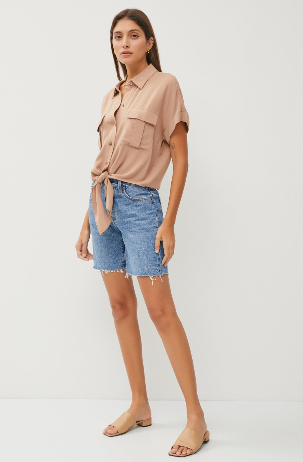 New Age Front Tie Top In Tan