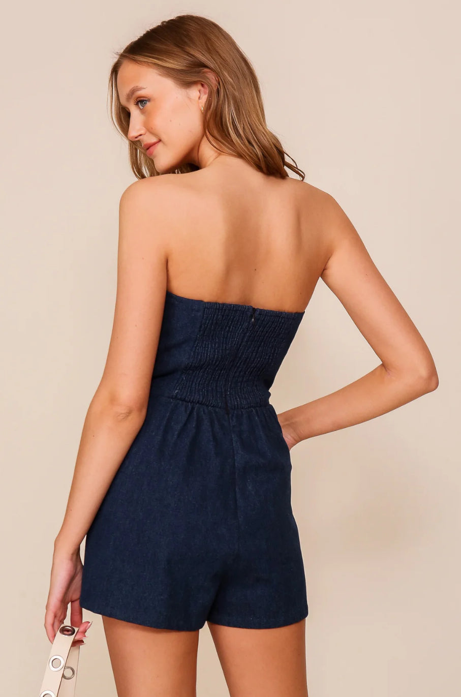 Skies The Limit Denim Bustier Romper