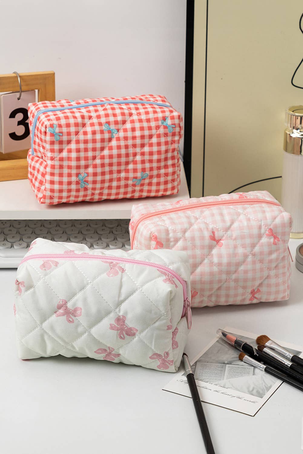 Bow Quilted Cosmetic Bag