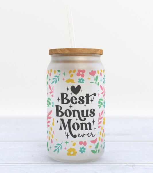 Floral Bonus Mom Glass Tumbler
