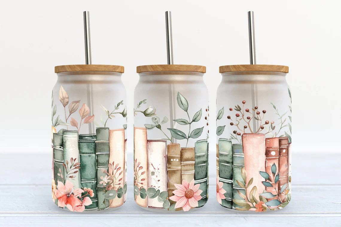 Floral Books Glass Tumbler