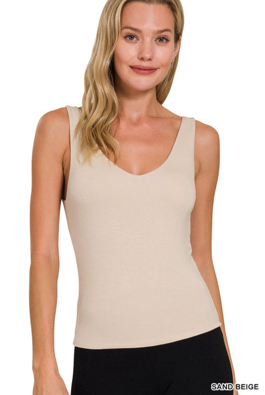 Double Layer V-Neck SS Top In Beige