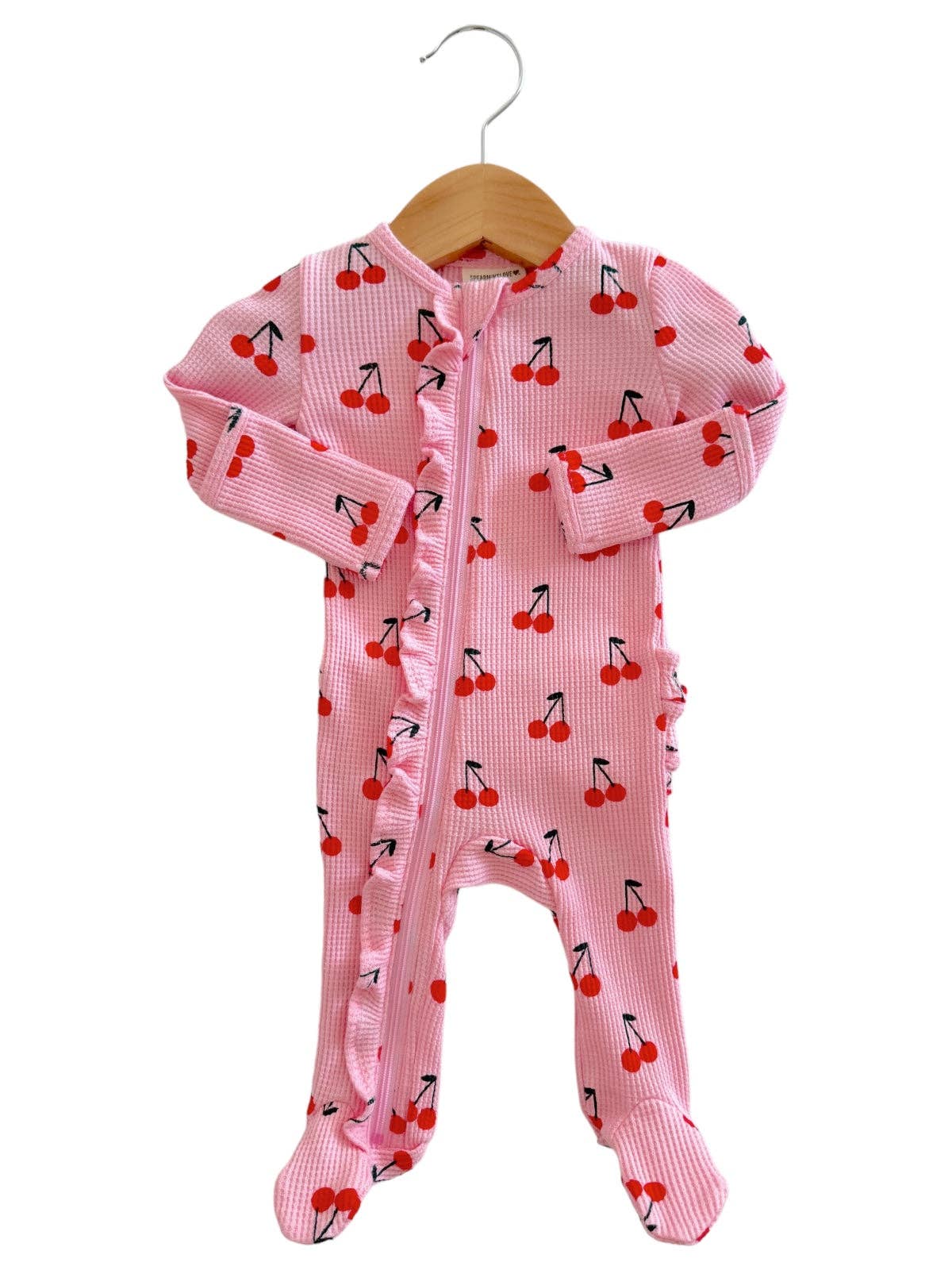 Organic Waffle Ruffle Footie In Pink Cherries