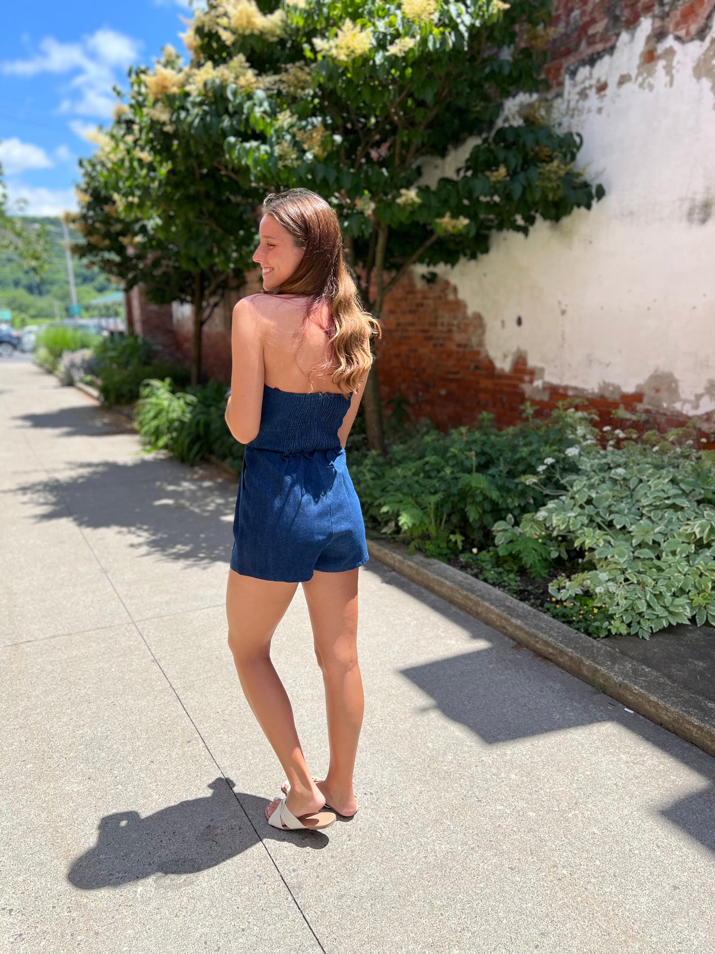 Skies The Limit Denim Bustier Romper