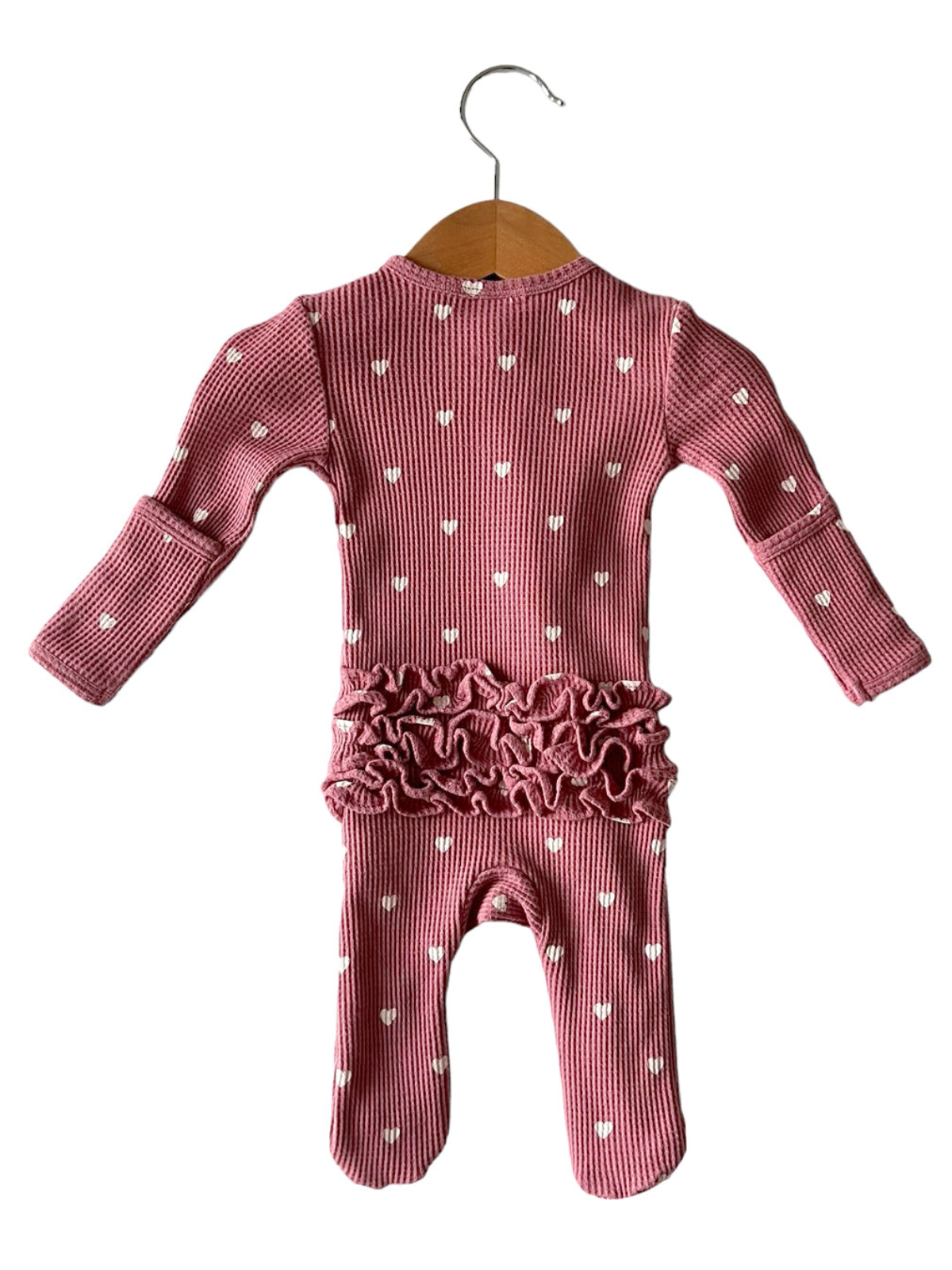 Organic Waffle Ruffle Footie In Mauve Heart