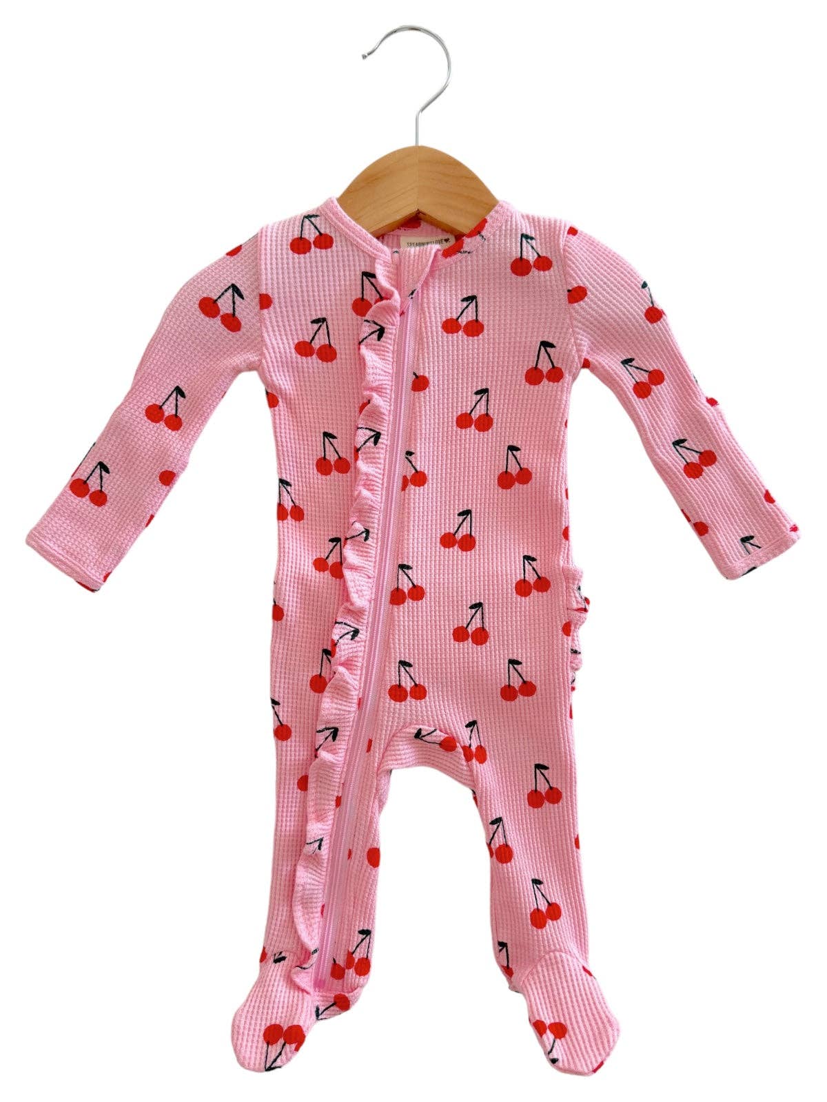 Organic Waffle Ruffle Footie In Pink Cherries