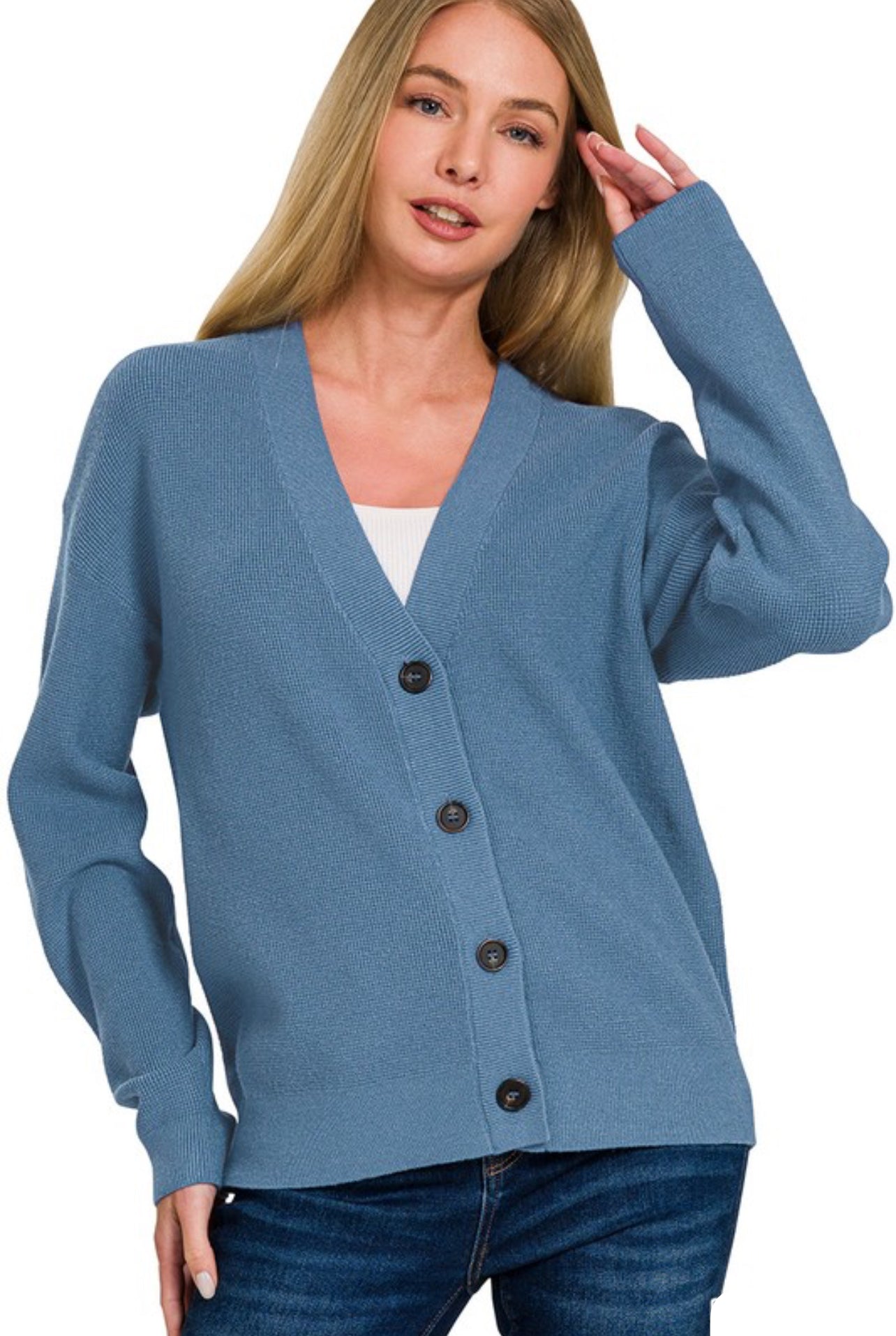 Cora Cardigan Sweater In Dusty Blue