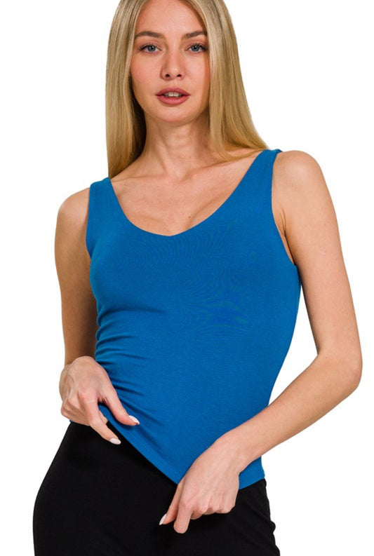 Double Layer V-Neck SS Top In Blue