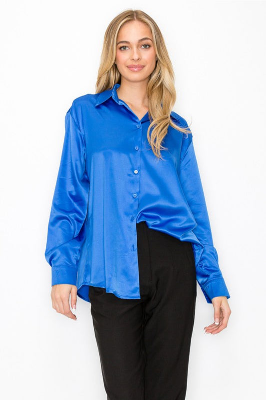 Sweet Movement Satin Shirt In Royal Blue