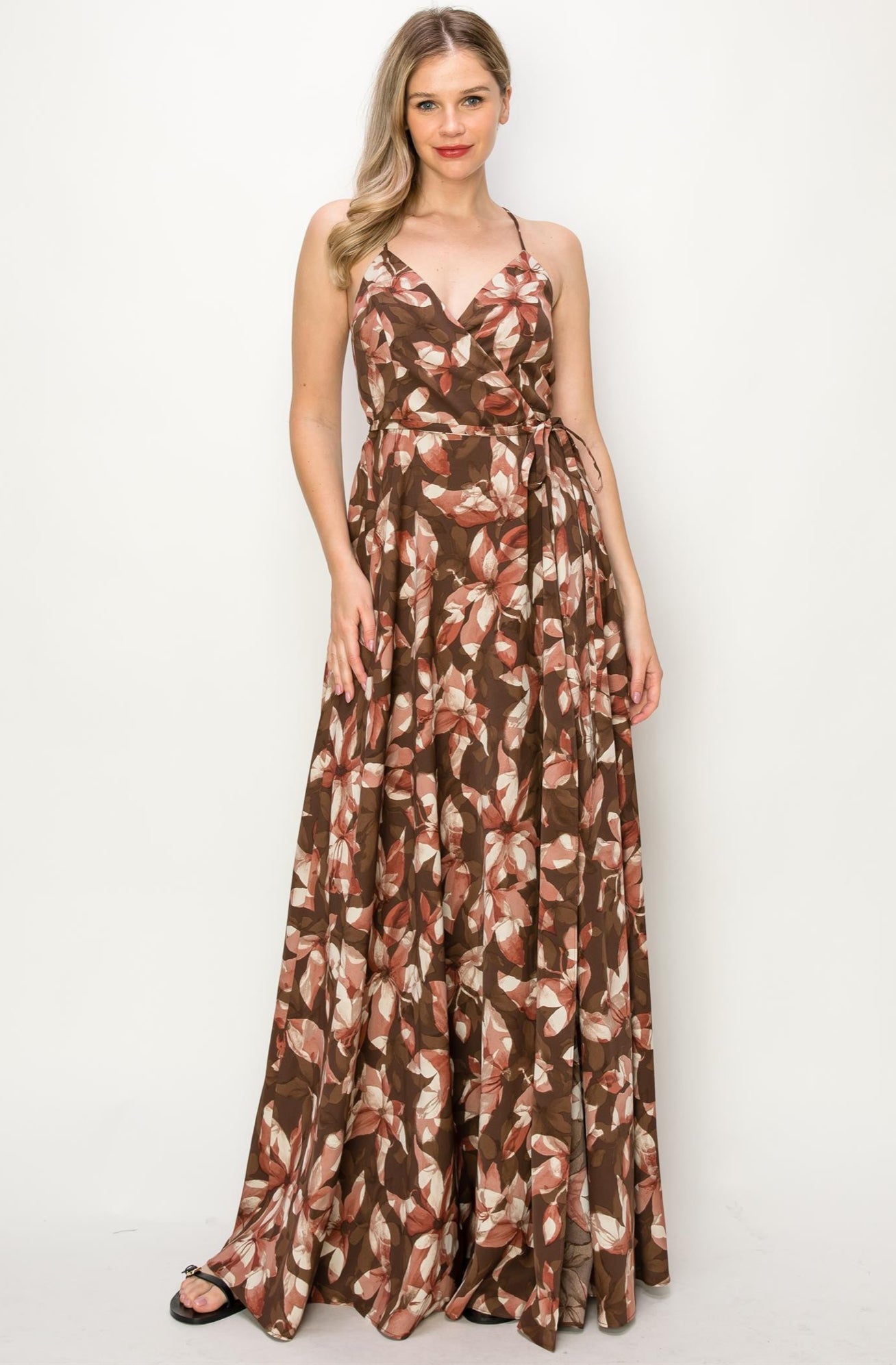 Elegant Floral Dress In Brown