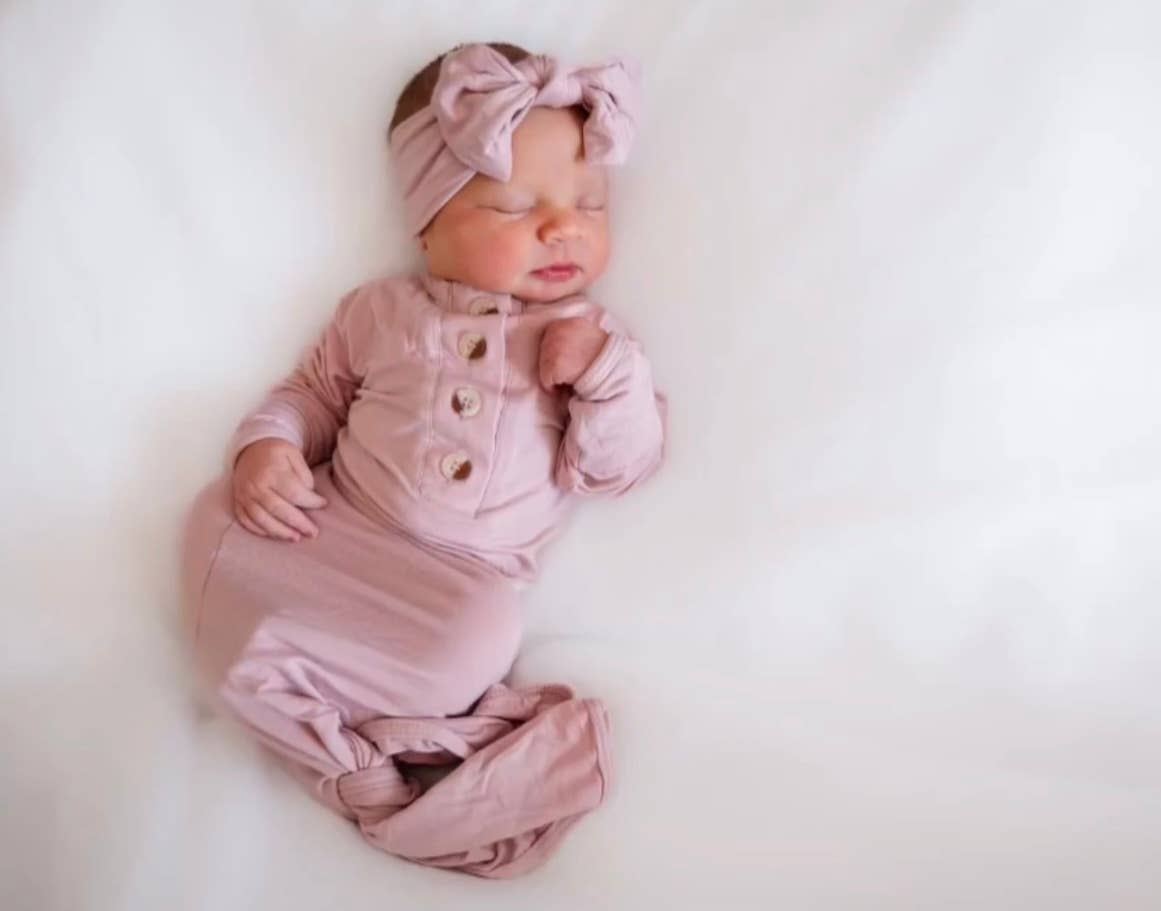 Newborn Knotted Baby Gown, Bow, Hat Set