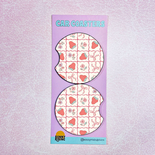 Strawberry Coquette Squares Car Coaster