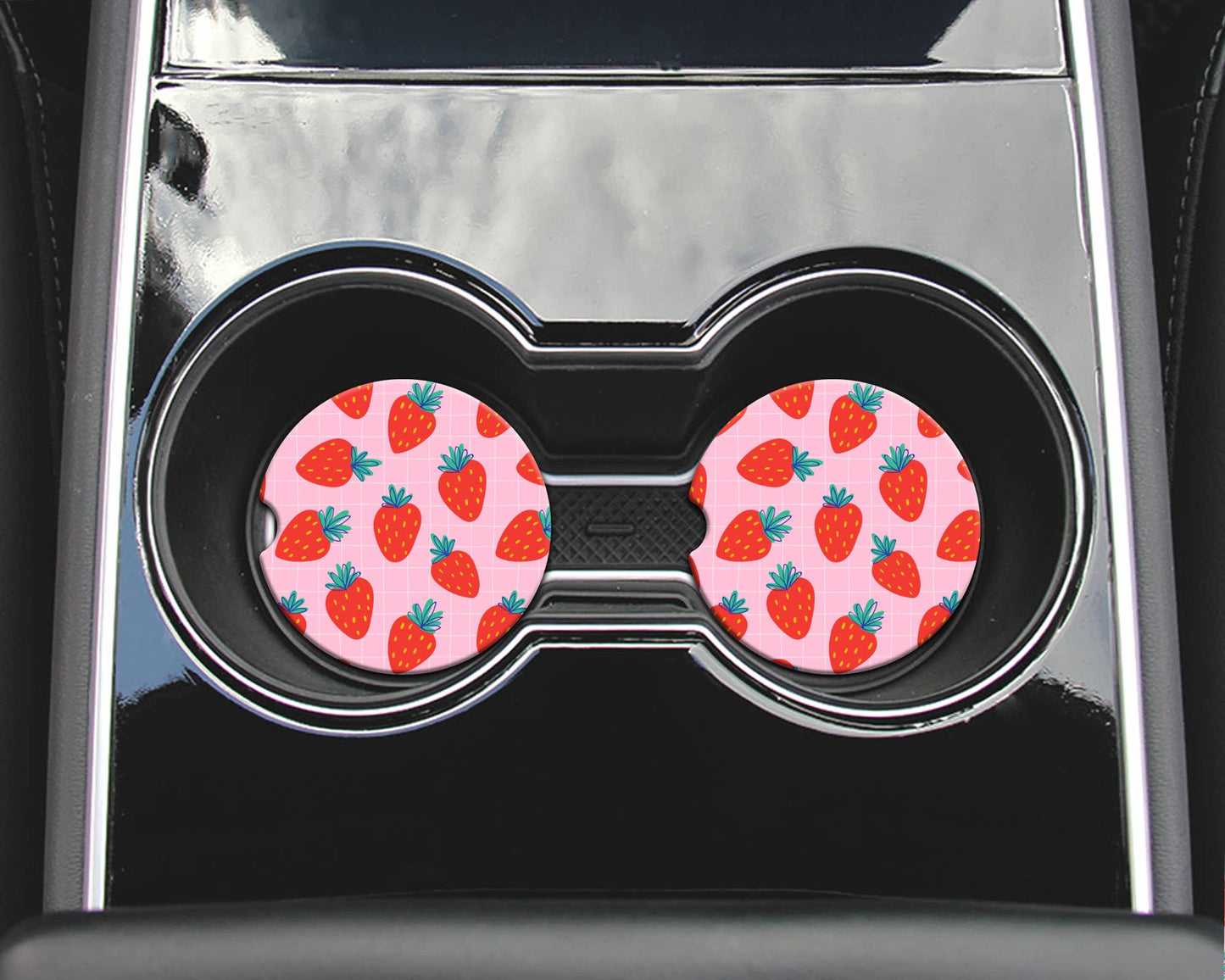 Pink Grid Strawberry Car Coasters