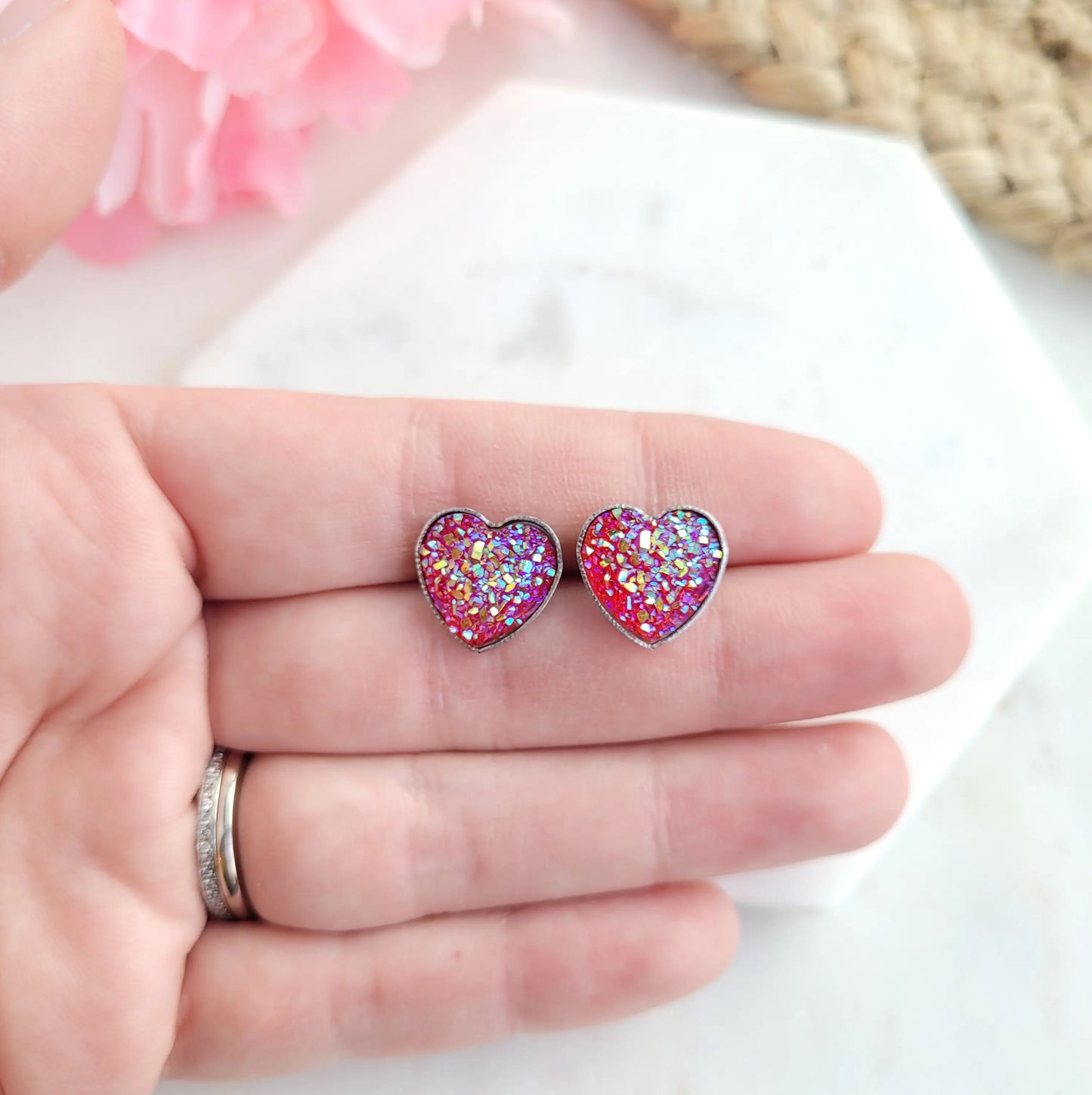 Druzy Heart Stud Earrings